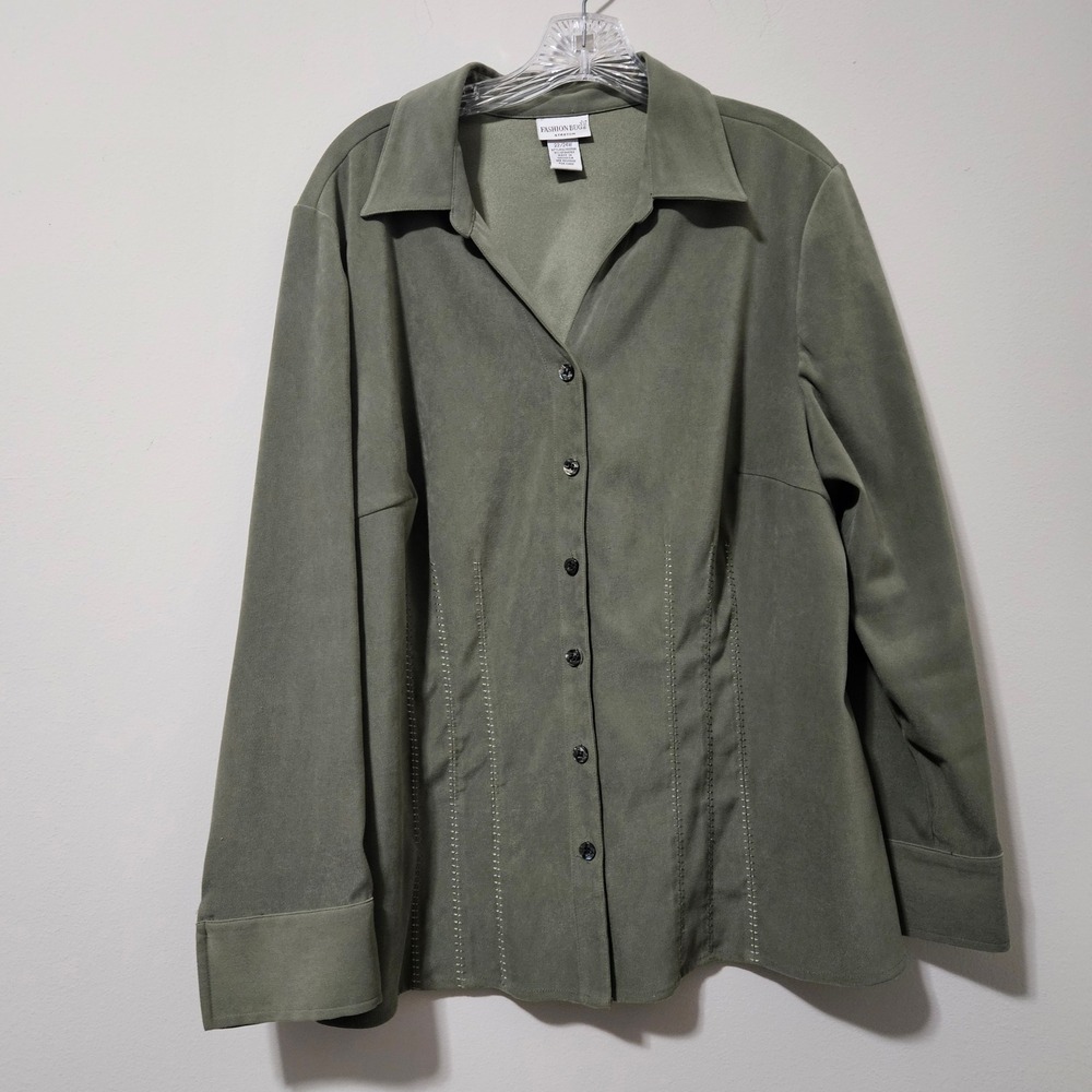 Fashion Bug Stretch Olive Green Pick Stitch Button Down Shirt Plus Size 22/24W